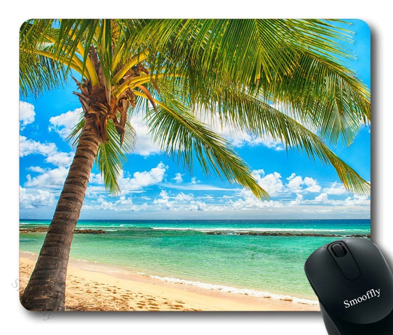 Smooffly Ocean Tapestry, Exotic Beach Water and Palm Tree by The Shore with Clear Sky Landscape Image Gaming Mouse Pad,9.5 X 7.9 Inches, Green Blue White - Image 1